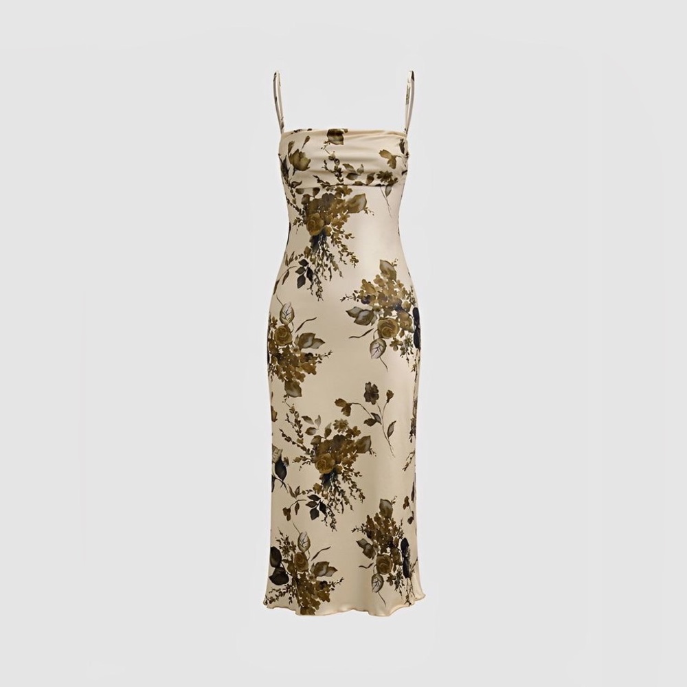 COMMENSE Cafe Rose Zip Up Floral Print Strap Midi Dress Small NWT